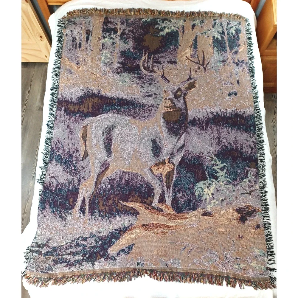 VTG Picken '93 Deer Buck Throw Tapestry Fringe Blanket Wall 50x65 Cabin Hunting